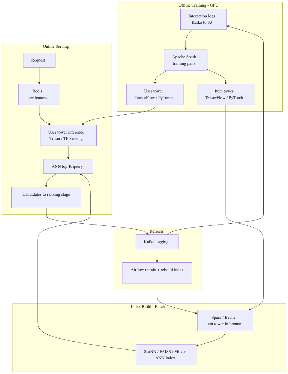 Two-Tower Model for Recommendation Service having a Very Large Catalog