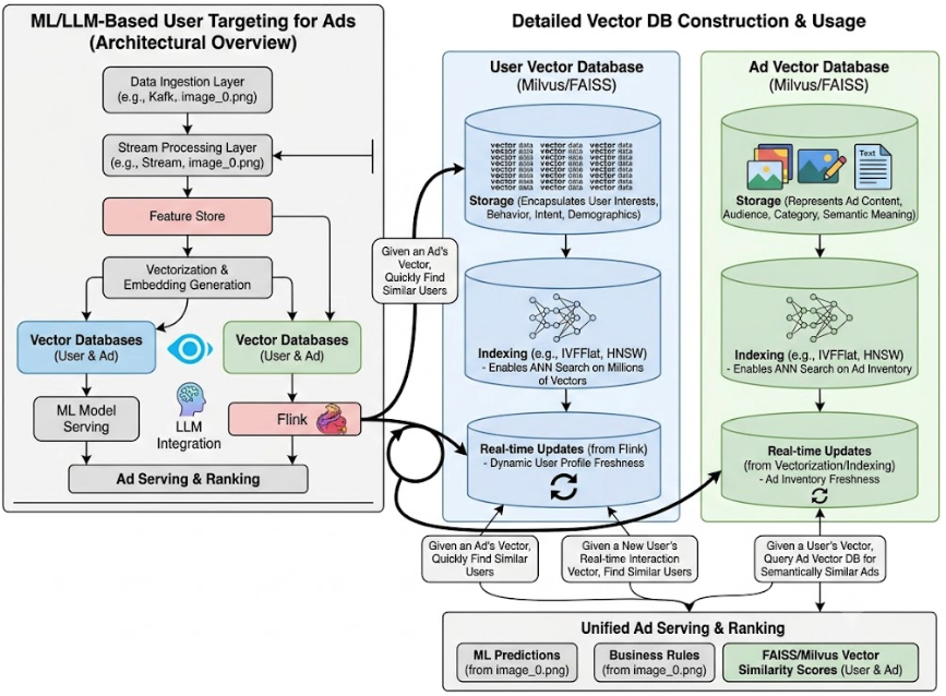 Architecting ML/LLM Ad Targeting with Kafka, Flink, FAISS, and Milvus