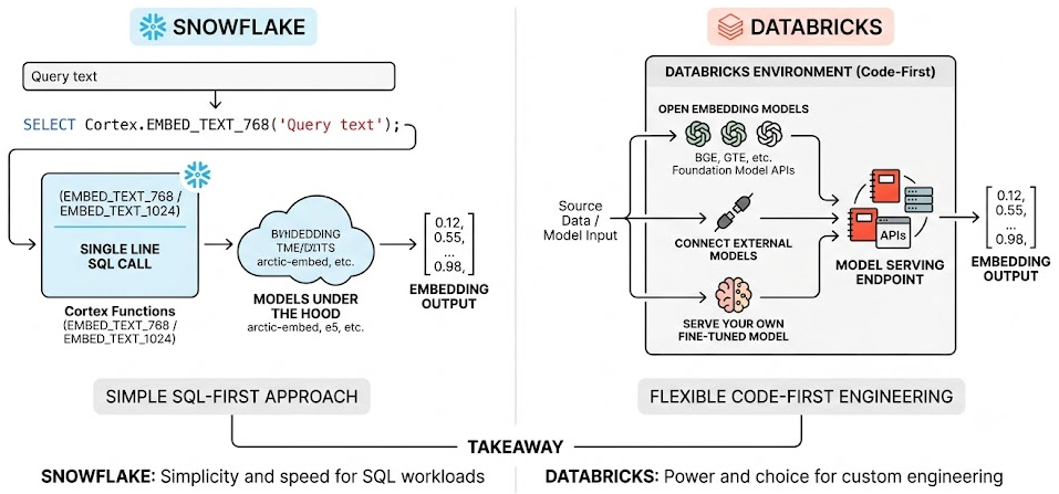 Embeddings on the Lakehouse: What Snowflake and Databricks Actually Do (and Don't)