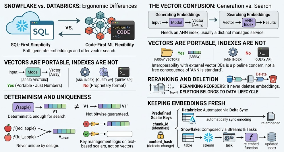 Embeddings on the Lakehouse: What Snowflake and Databricks Actually Do (and Don't)